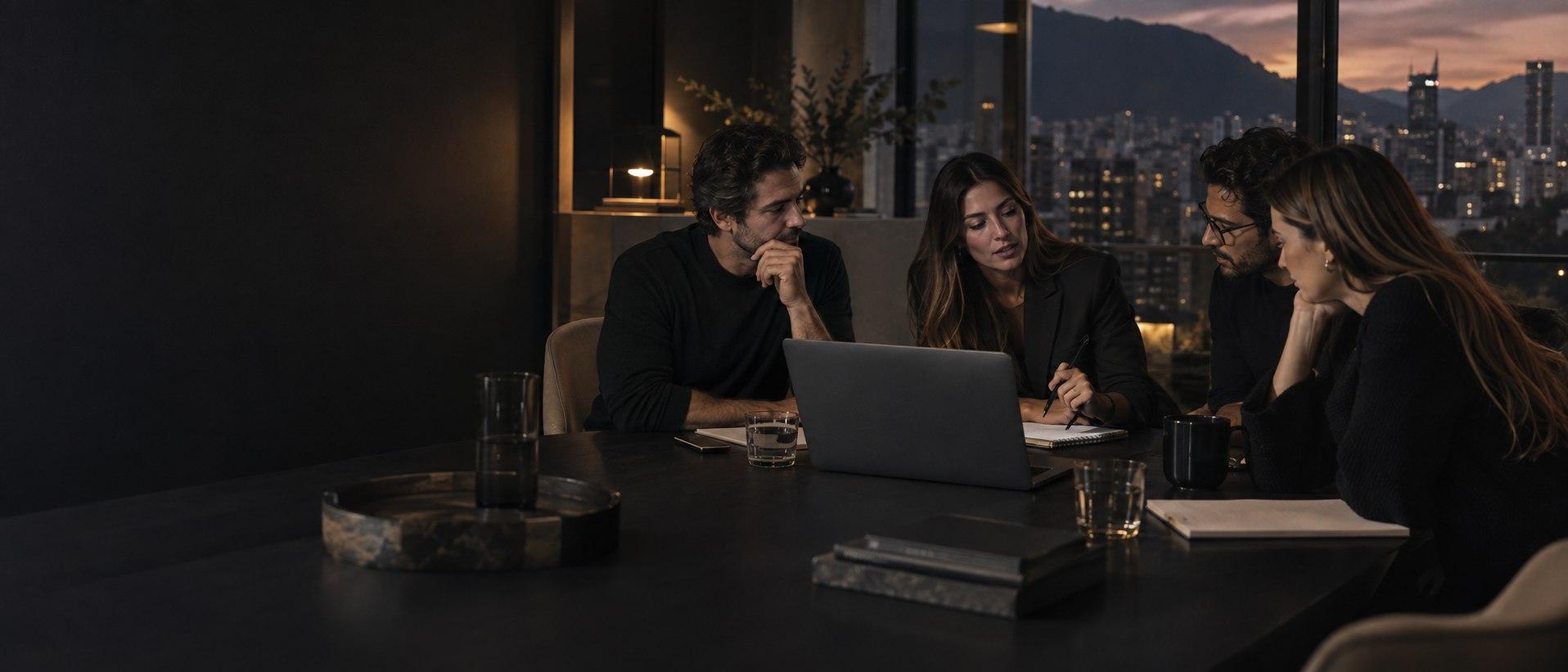 Cuatro fundadores trabajan juntos alrededor de una mesa en Bogotá al atardecer