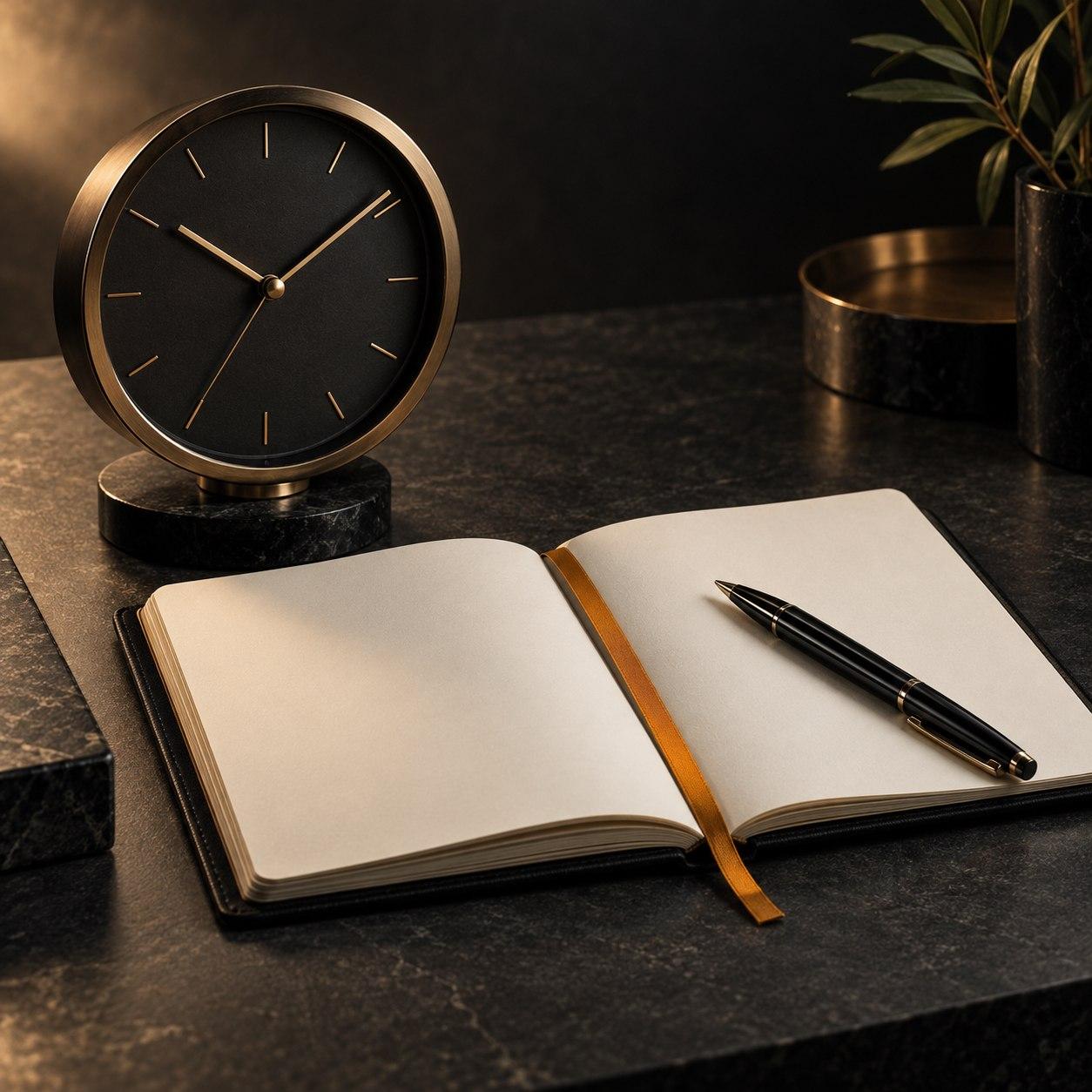 Reloj y agenda abierta sobre un escritorio oscuro