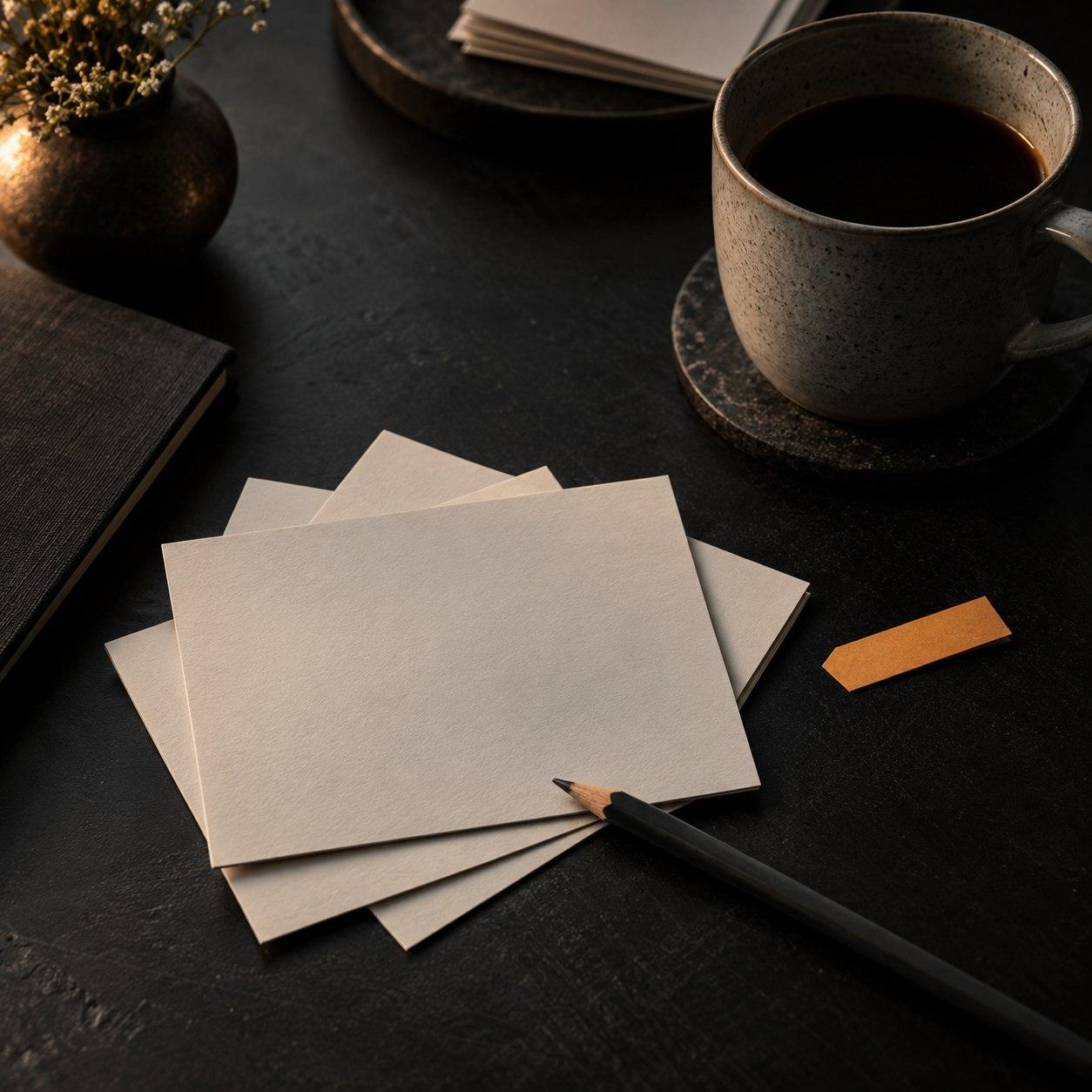 Tarjetas de ideas y un lápiz sobre una mesa de trabajo