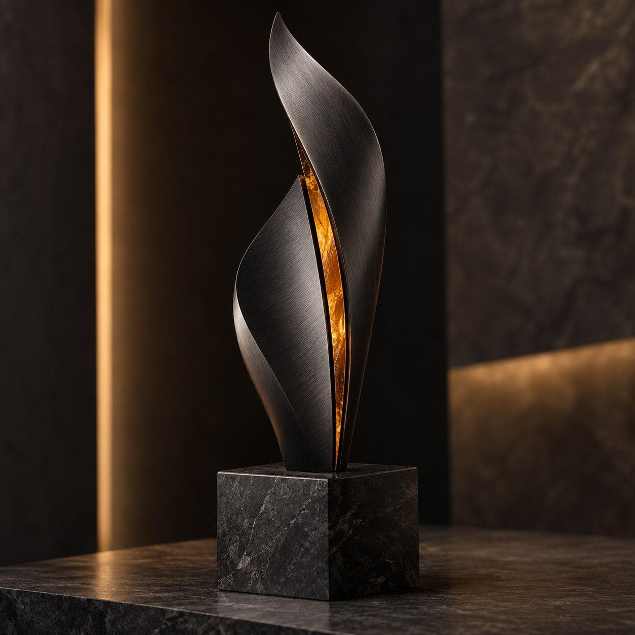 Escultura de reconocimiento en metal negro y ámbar